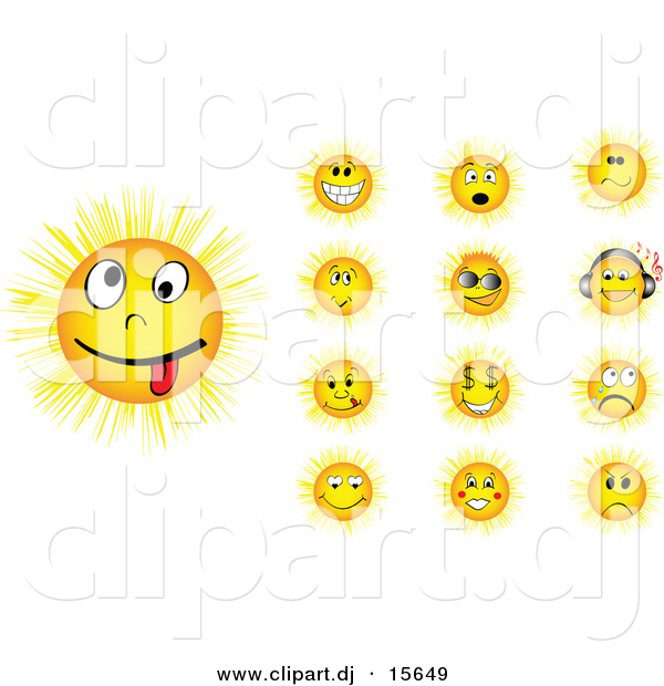 Vector Clipart of 13 Unique Yellow Cartoon Sun Smiley Faces - 1 Is Character Listenting to Music Through Wireless Headphones