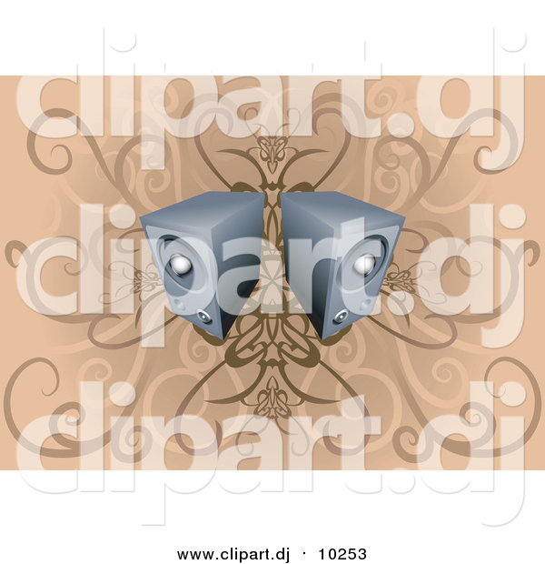 Vector Clipart of 3d Two Speakers over Floral Grunge