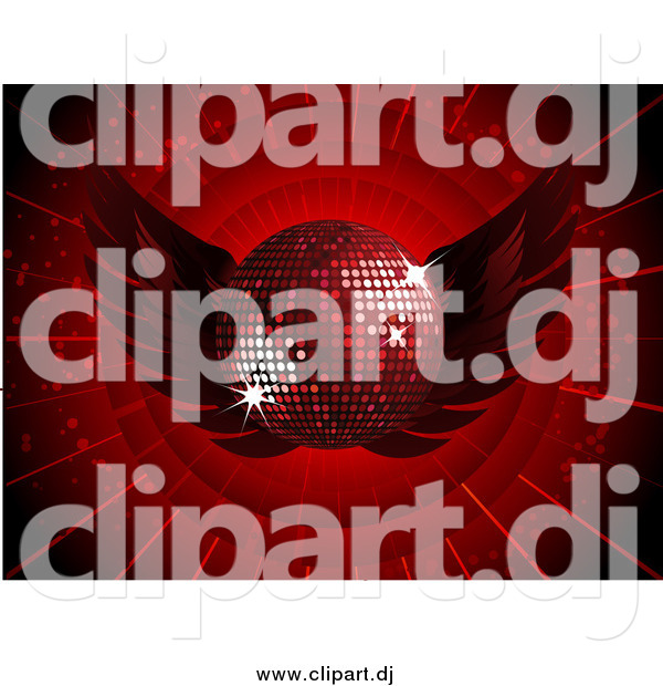 Vector Clipart of a 3d Dark Red Disco Ball with Wings on a Bursting Background
