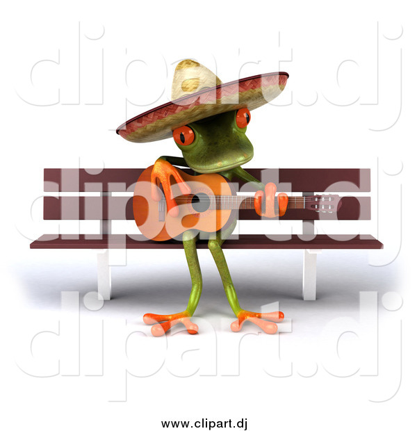 Vector Clipart of a 3d Mexican Guitarist Frog Playing on a Bench
