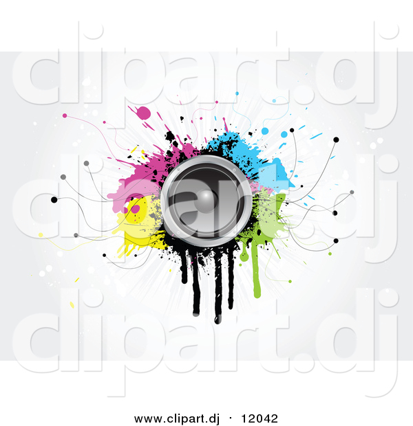 Vector Clipart of a 3d Music Speaker on Colorful Grungy Splatters on an off White Background