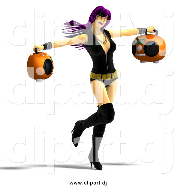Vector Clipart of a 3d Purple Haired Rocker Chick Holding Two Radios and Dancing