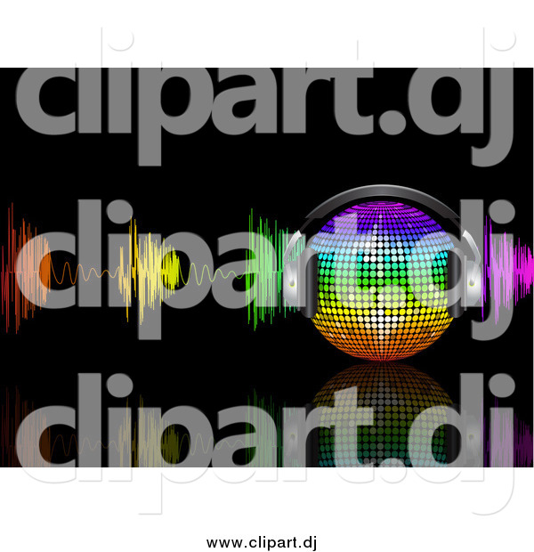 Vector Clipart of a 3d Rainbow Music Disco Ball with Headphones and Colorful Waves on Black
