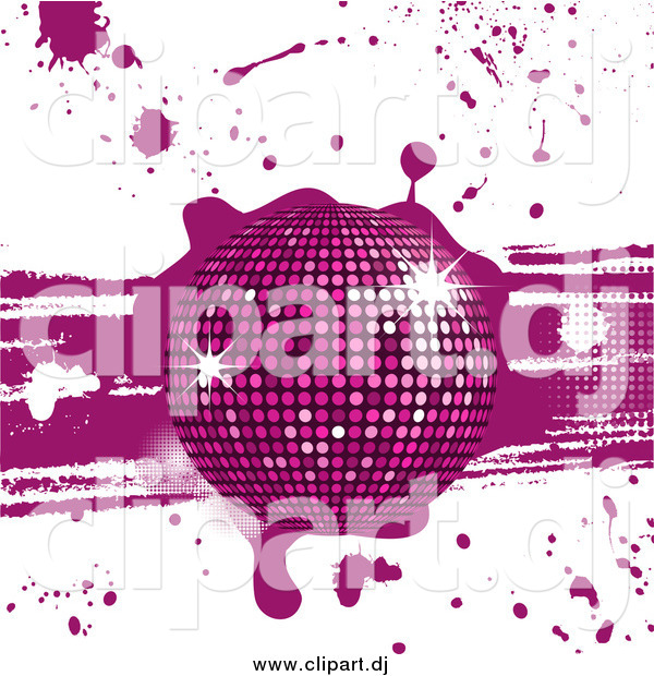 Vector Clipart of a 3d Sparkling Purple Disco Ball on Grunge Background with Drips and Splatters
