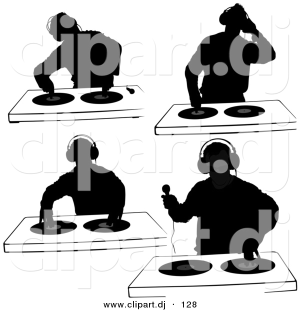 Vector Clipart of a 4 Unique DJ Silhouettes with Dual Record Turntables - Digital Collage