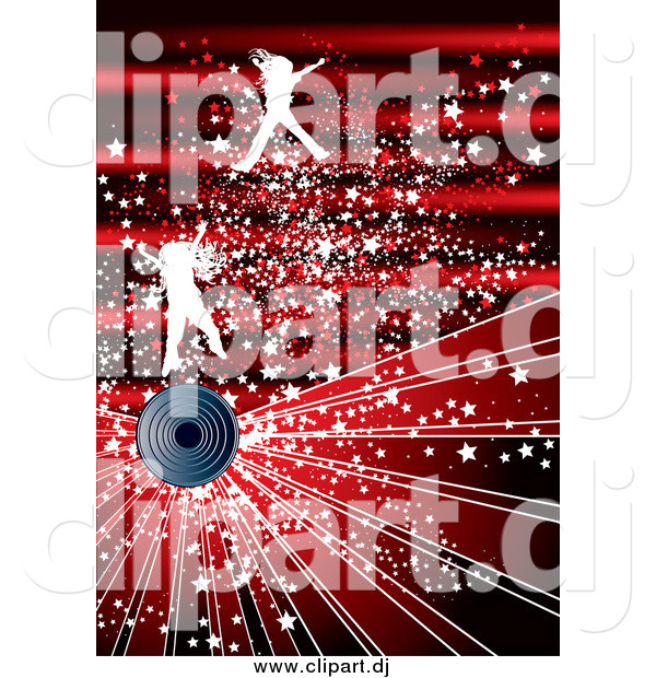 Vector Clipart of a Background of Silhouetted White Jumping Girls, a Speaker, Rays and Stars over a Red Burst