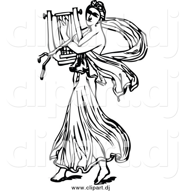 Vector Clipart of a Black and White Ancient Musican Playing a Harp