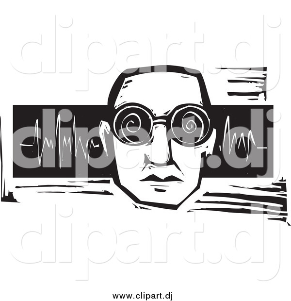 Vector Clipart of a Black and White Man with Spiral Glasses and Sound Waves