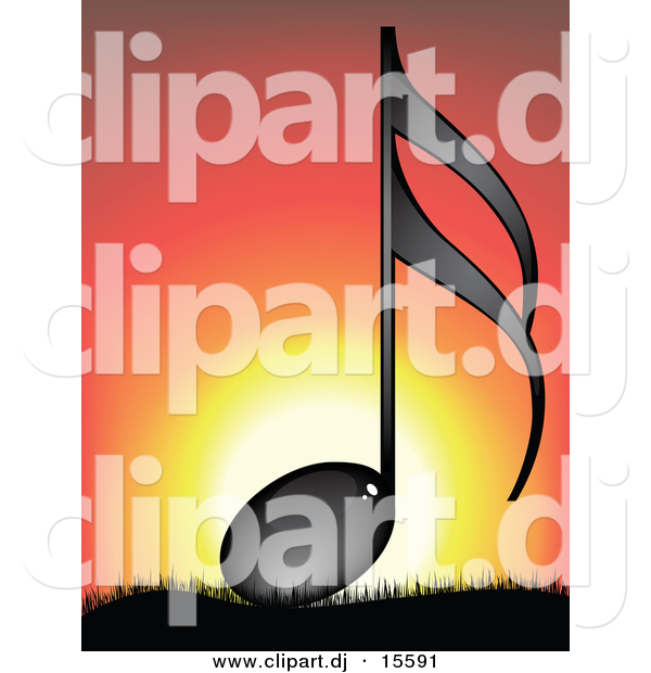 Vector Clipart of a Black Music Note Against Sun Setting in Background