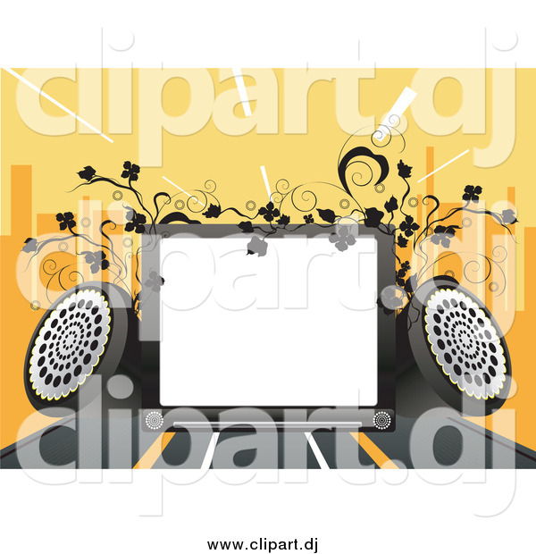 Vector Clipart of a Blank Display with Music Speakers, Vines and a City Skyline on Orange
