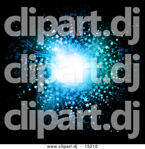 Vector Clipart of a Blue Music Notes and Stars Burst Background on Black
