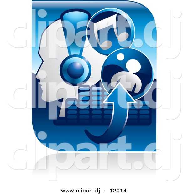 Vector Clipart of a Blue Music Related Icon Featuring Person Wearing Headphones, Arrows, Equalizer, and Music Notes