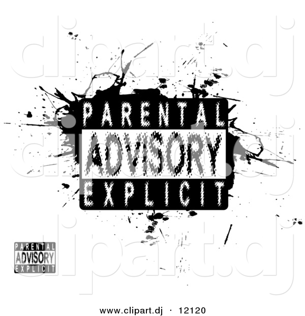 Vector Clipart of a Blurry Parental Advisory Explicit Stamp on Black Splattered Grunge Background