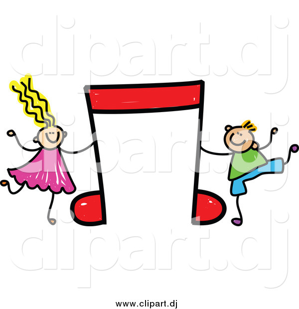 Vector Clipart of a Boy and Girl Dancing with a Red Music Note