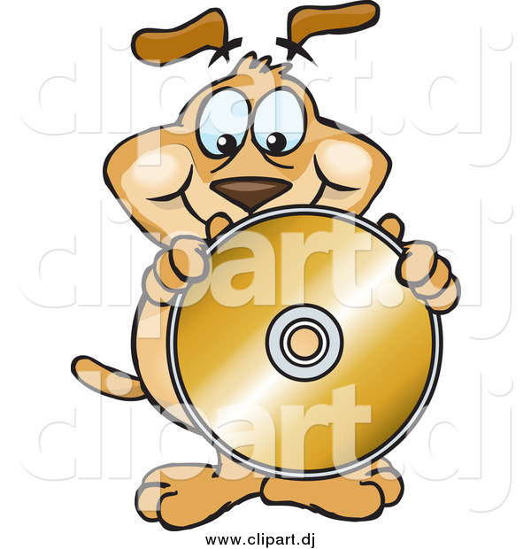 Vector Clipart of a Brown Dog Holding up a Blank Golden Cd or Dvd