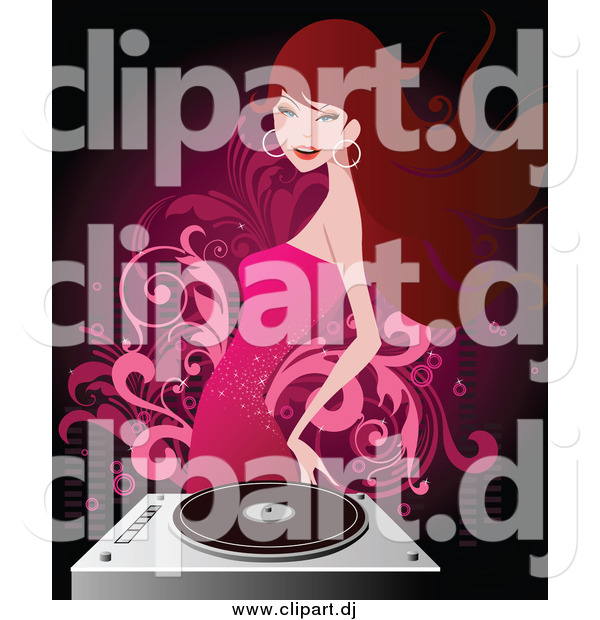 Vector Clipart of a Brunette White Woman in a Pink Dress Dancing by a Record Player