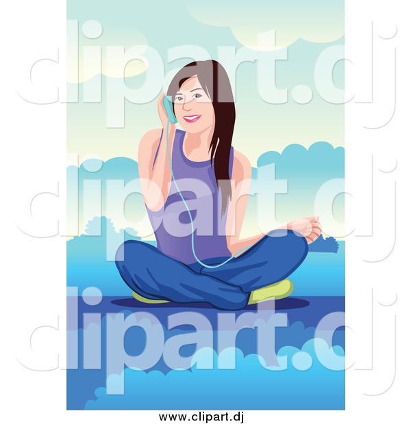 Vector Clipart of a Brunette White Woman Listening to Music on a Cloud