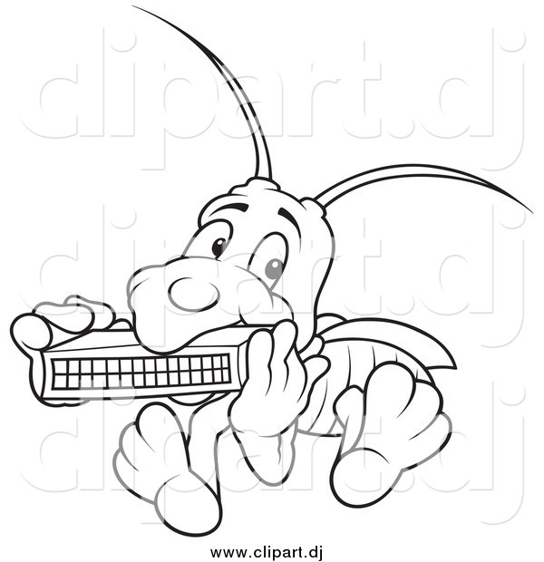 Vector Clipart of a Bug Playing a Harmonicain Black and White