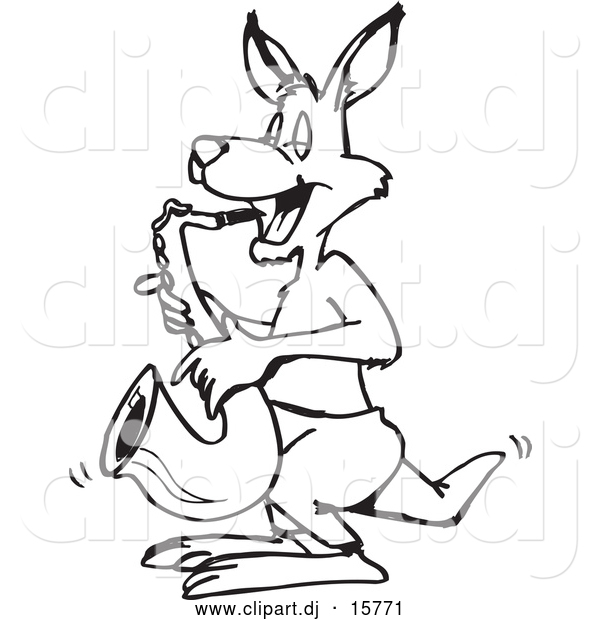 Vector Clipart of a Cartoon Australian Kangaroo Playing a Saxophone - Outline