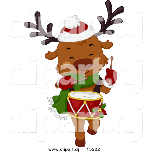 Vector Clipart of a Cartoon Christmas Reindeer Playing a Drum While Marching