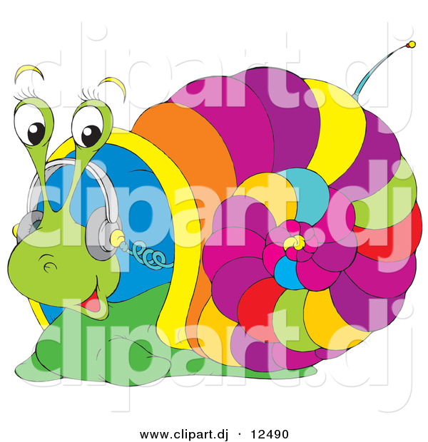 Vector Clipart of a Cartoon Colorful Snail Listening to Music with Headphones