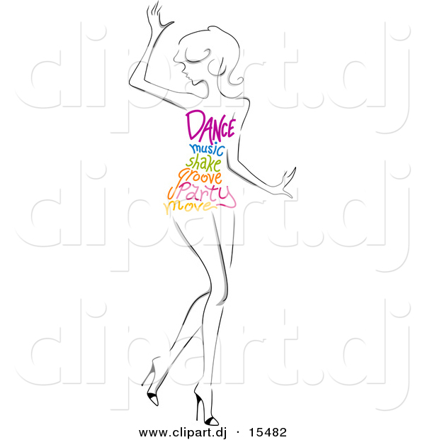 Vector Clipart of a Cartoon Girl Dancing with Colorful Dance Related Words Printed over Her Torso