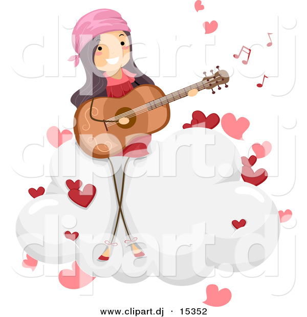 Vector Clipart of a Cartoon Girl Singing Playing Guitar While Singing Love Song on a Cloud