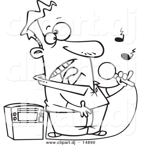 Vector Clipart of a Cartoon Guy Singing Karaoke - Coloring Page Outline