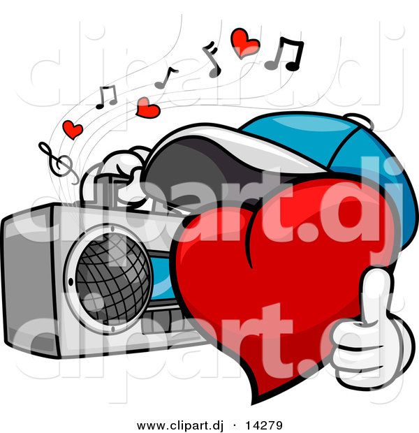 Vector Clipart of a Cartoon Heart Character Listening to Music from Boom Box
