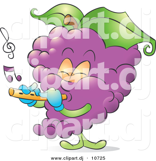 Vector Clipart of a Cartoon Musical Purple Grapes Playing a Flute