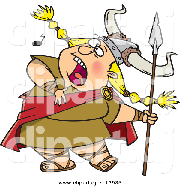 Vector Clipart of a Cartoon Viking Singing Loundly While Holding a Spear