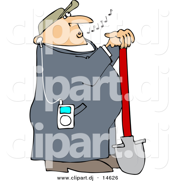 Vector Clipart of a Cartoon Worker Listening to Music at Work with a Shoval