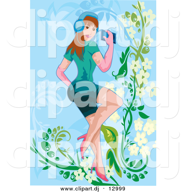 Vector Clipart of a Caucasian Woman Listening to Music over Blue Floral
