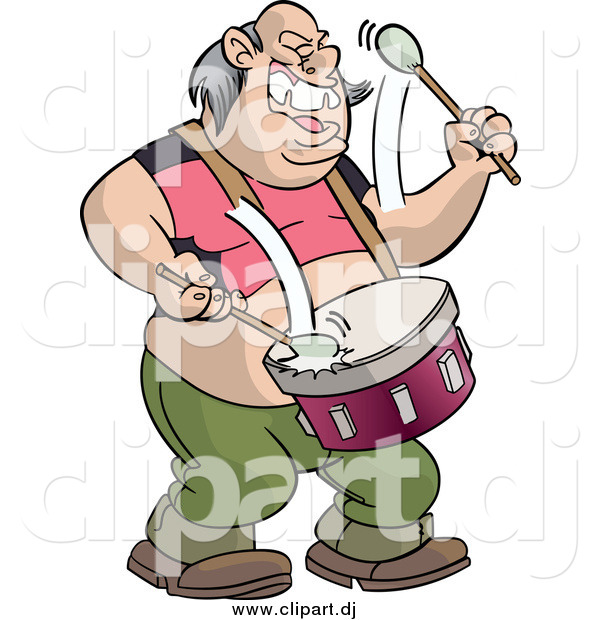 Vector Clipart of a Chubby White Male Drummer Singing and Marching