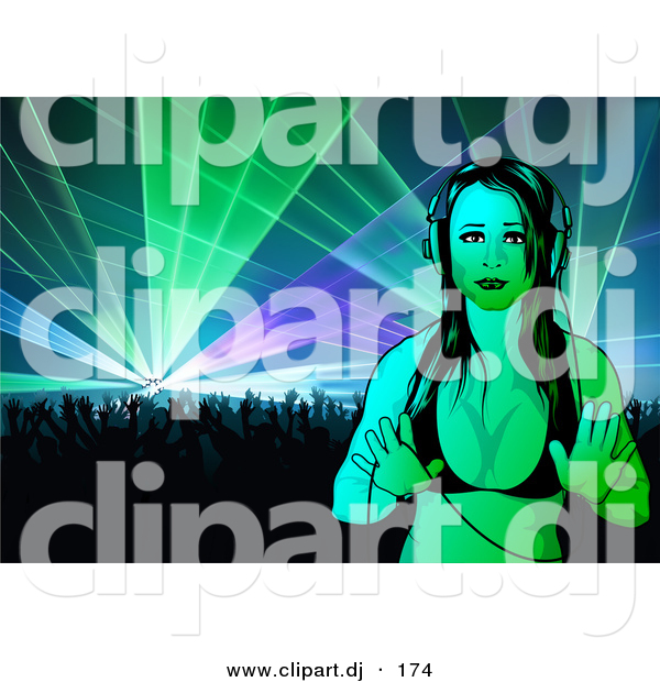 Vector Clipart of a Dj Girl Standing in Front of a Dance Crowd