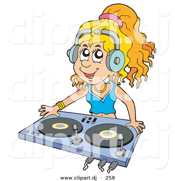 Vector Clipart of a Dj Girl Wearing Headphones and Mixing Records