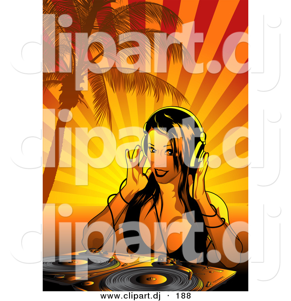 Vector Clipart of a Dj Girl Working Dual Record Turn Table Under Palm Trees with Orange Rays Background