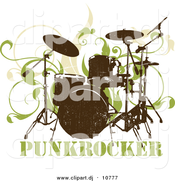 Vector Clipart of a Drumset over Green Vines on a White Background