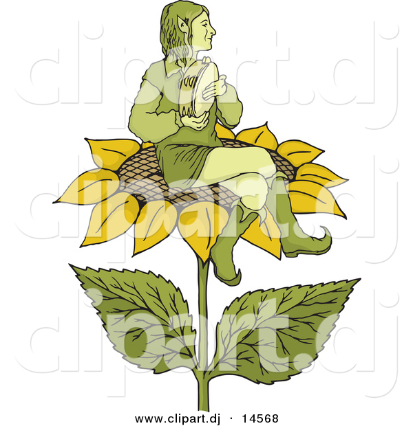 Vector Clipart of a Elf Playing Tambourine While Sitting on Sunflower