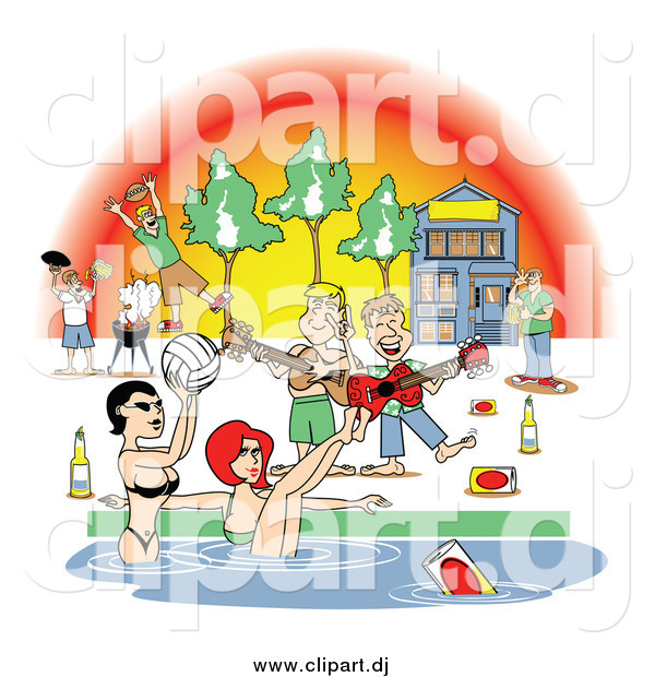 Vector Clipart of a Frat House Pool Party with Guys, Women and Liquor