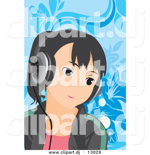 Vector Clipart of a Girl Listening to Music over Blue Floral