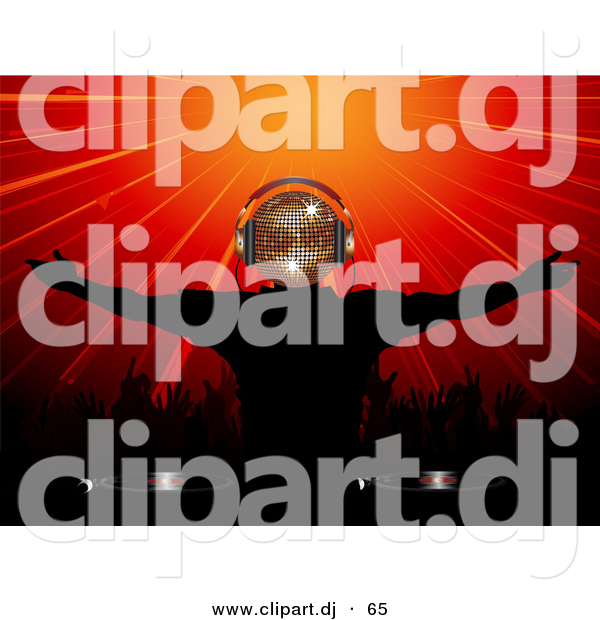 Vector Clipart of a Gold Disco Head Dj Character Wearing Headphones While Playing Music over Red Bursting Background