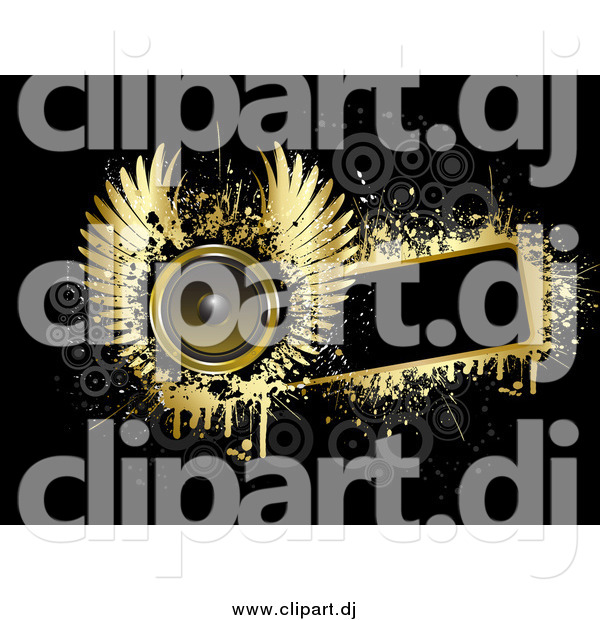 Vector Clipart of a Gold Winged Music Speaker on a Blank Black Text Box, Bordered by Gold Grunge with Gray Circles on Black