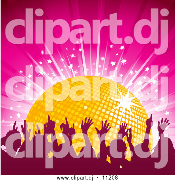 Vector Clipart of a Golden Disco Ball on a Pink Background with Dancers and a Burst of Stars
