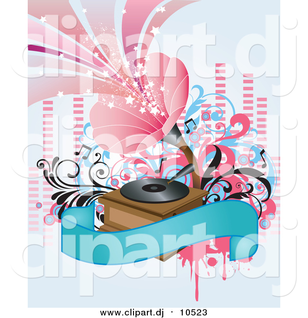 Vector Clipart of a Gramophone Radio Playing Loud Music from a Record on a Vinyl Player with a Blank Blue Banner and Music Notes