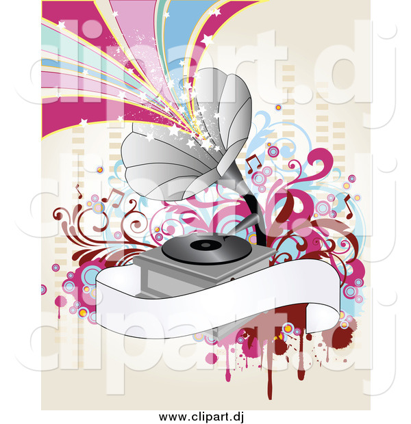 Vector Clipart of a Gramophone with Starry Waves and a Blank Banner on Antique White
