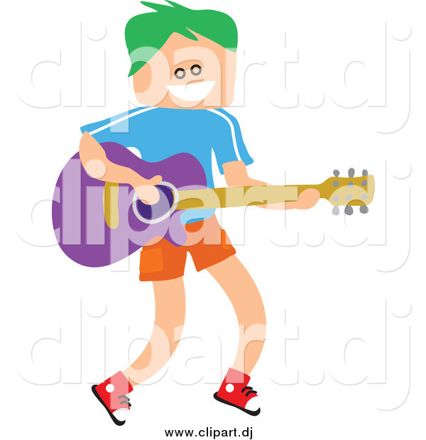 Vector Clipart of a Green Haired White Square Head Boy Playing a Guitar