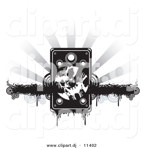 Vector Clipart of a Grunge Speaker over Black Dripping Bar with Circles, on a Bursting Grayscale Background