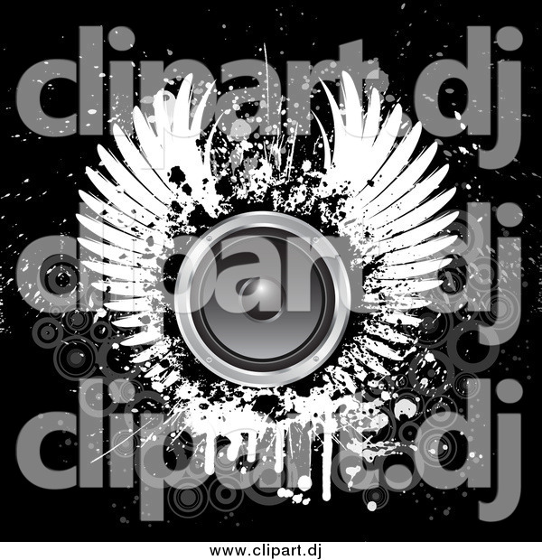 Vector Clipart of a Grungy White Wings Around a Circle Speaker on a Black Background with Faded Gray Circles