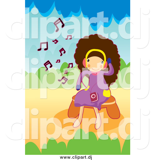 Vector Clipart of a Happy Brunette Girl Listening to Music